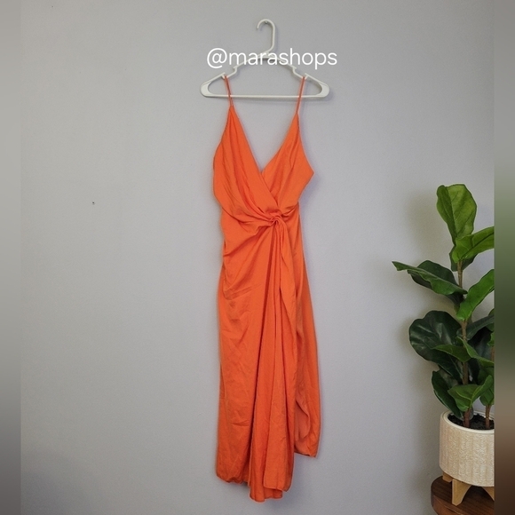 ASOS EDITION satin drape side cami midi dress in orange - Picture 2 of 8
